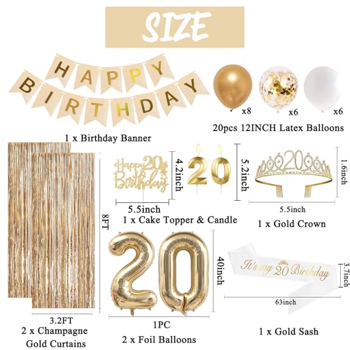 Image of Trgowaul Happy 20th Birthday Decorations for Girls, Banner, Sash and Crown, Cake Topper, 20 Number Balloon, Fringe Curtains, Champagne Gold 20th Birthday Party Supplies