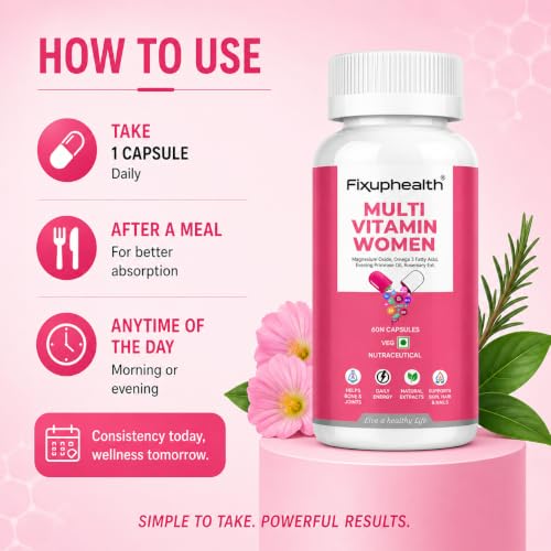 Image of Fixuphealth Multivitamin Capsules for Women | Multivitamin with Probiotics, Omega 3, Evening Primrose Oil, Vitamins C, D & B12, Magnesium & Zinc | Immunity, Energy & Daily Wellness Support | 60 Capsules