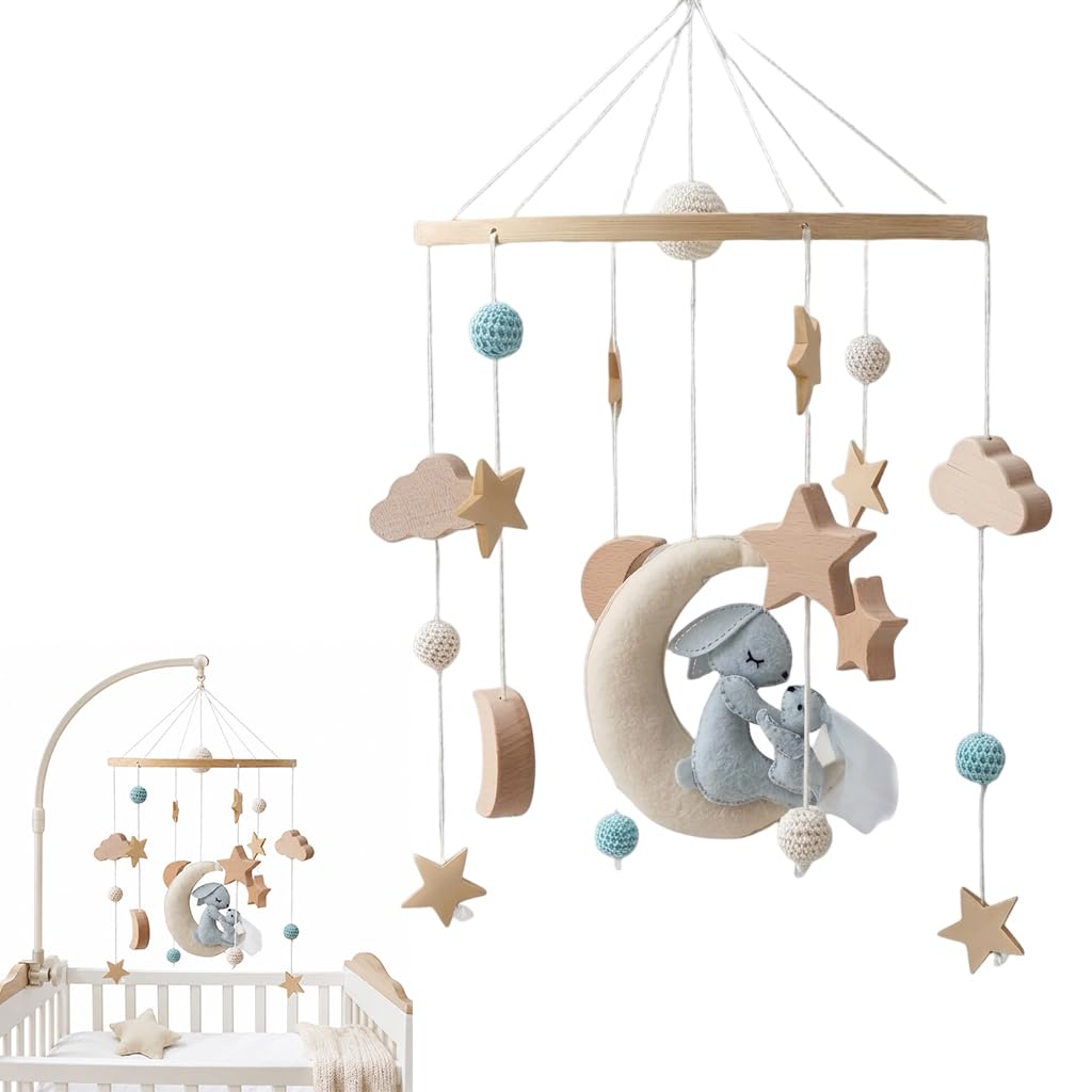 SNOWIE SOFT® Felt Bunny Baby Crib Mobile with Wooden Arm, Wood Arm Nursery Mobile with Clouds, Star & Leaves with Soft Bells, Baby Mobile for Crib Nursery Decor &-image-45