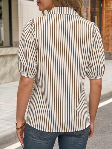 Image of Tankaneo Women's Button Down Shirts Short Puff Sleeve Collared Dressy Casual Blouse Tops