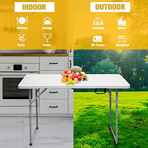 Byliable Folding Table 4FT Portable Plastic Picnic Party Dining Camp Tables Indoor Outdoor, Height Adjustable Plastic Table, White Folding Card Table with Center Handle, No Assembly and Easy to Carry