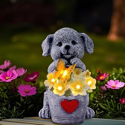 OTAVILEM Solar Garden Decor Dog Statue,Outdoor Dog Figurines with Bucket for Patio, Balcony, Backyard,Lawn Ornaments and Yard Decorations - Unique Gifts for Women, Mom,Grandma