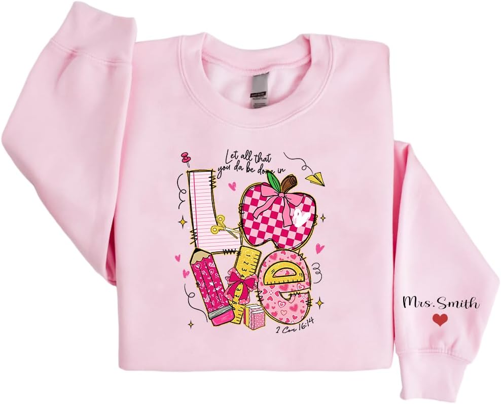 IZI POD Personalized Valentine Teacher Sweatshirt, Coquette Bow Design, Custom Name Sweater for Women, Valentine Gift