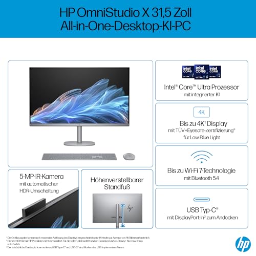 HP OmniStudio X 32-c1275ng All-in-One KI PC, 31.5 Zoll Entspiegeltes UHD-4K-Display, Intel Core Ultra 7 258V, 32 GB LPDDR5x-SDRAM, 1 TB SSD, Intel Arc Graphics, Windows 11 Home, Silber