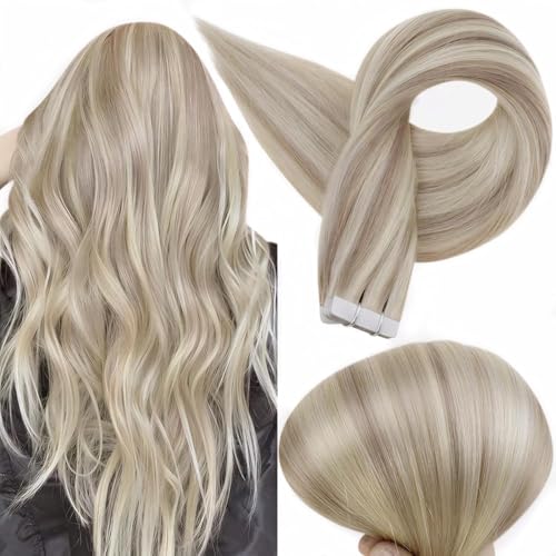 Image of Full Shine Blonde Tape in Hair Extensions 16Inch Tape ins Real Human Hair Extensions Highlight Color 18 Ash Blonde Mix With 613 Seamless Real Human Hair Double Side Tapes Extensions 50G Tape ins 20Pcs