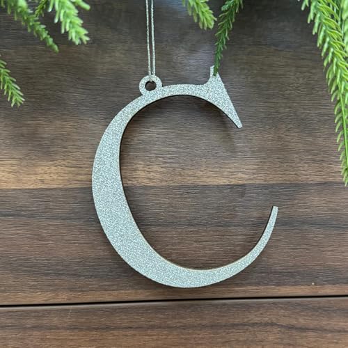 Pxniy Silver Monogram Christmas Ornament, 4.8 x 3.5 inch Wooden Initial Letter, Holiday Tree Decoration and Stocking Tag (C)