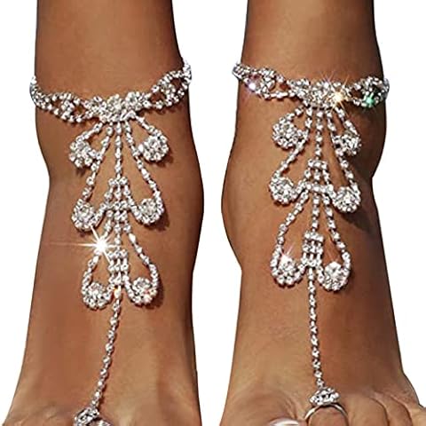 Riymusry 1Pair Summer Rhinestone Barefoot Sandals Foot Chain Jewelry Rhinestone Anklet Bracelet Crystal Toe Ring Anklets Bridal Rhinestone Foot Chain Jewelry for Women (Silver) Cover