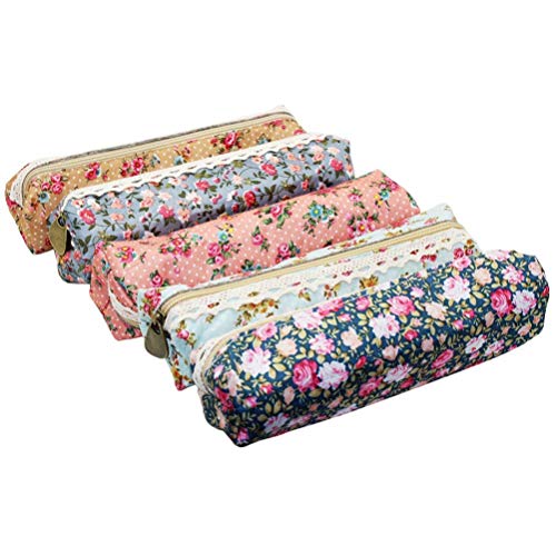 A pack of 5pcs Style YABO027 Assorted Retro Flower Floral Lace Canvas Pen Holder Case Bags Pencil Pouch Cosmetic Makeup Zipper Bags