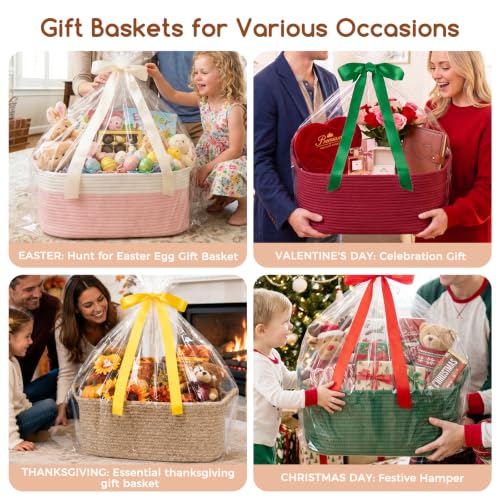 Image of OIASKET Large Empty Cotton Rope Gift Basket with Handles, 16.5 inchx12.6 inchx7 inch Decorative Woven Storage Basket with Gift Bag and Ribbon Set for Baby Shower, Toy Organizer for Kids, Dogs & Cats - Red