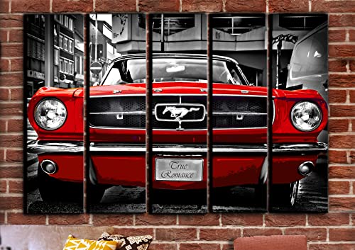 Big 5 Piece Red Mustang 1964 Wall Art Decor Picture Painting Poster Print On Canvas Panels Pieces - Vintage Car Theme Wall Decoration Set - Muscle Car Wall Picture For Living Room Showroom 5P, 35X55 #TOP1
