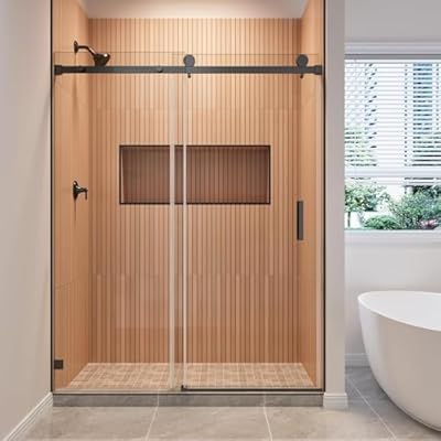 AHNDL Glass Shower Door 51”-55" W x 76" H Frameless Sliding Shower Door with 3/8" (10mm) Clear Tempered Glass, Shower Door for Walk in Shower, Black for Bathroom Glass Door (Black, 54"x76")