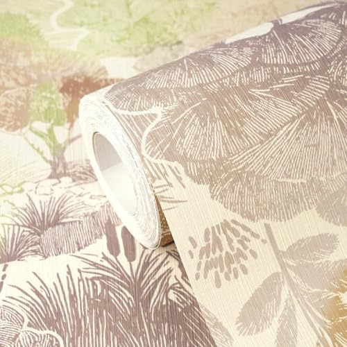 Papel pintado bosque lavable para tapar imperfecciones en paredes crema y verde 4