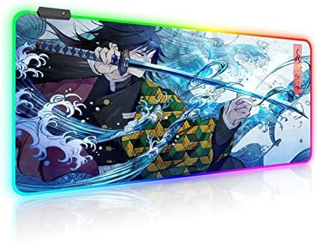 RGB Large Gaming Mouse Pad Anime Giyu Sword,Laptop Desk Pad,Mousepad with Stitched Edge Frame & Non-Slip Rubber Base,Computer Keyboard and Mice Pads Mouse Mat 31.5X15.7