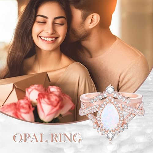 Genuine Opal Engagement Rings for Women 1.5ct Pear Shaped Opal Ring Set 925 Sterling Silver Rose Gold Wedding Ring Set Vintage Halo Infinity 2pcs Anniversary Promise Ring For Her4