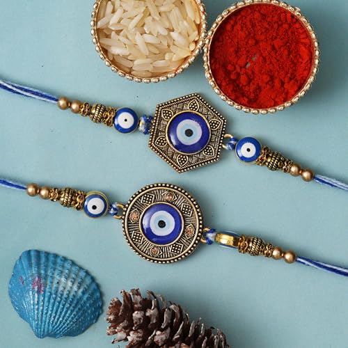 Image of eCraftIndia Set of 2 Evil Eye Designer Rakhis for Brother with Roli Chawal Pack | Raksha Bandhan Rakhi
