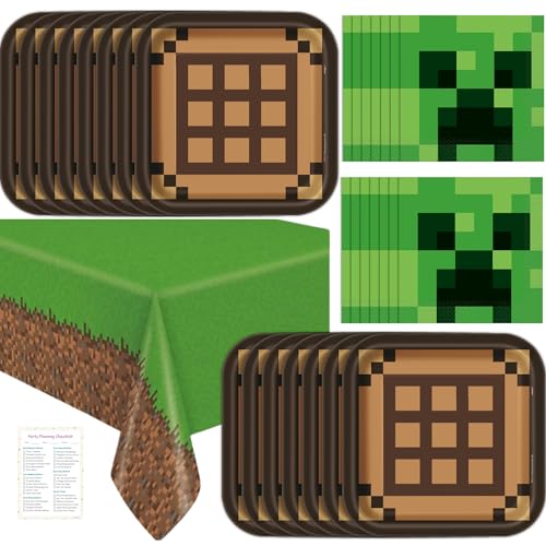 Minecraft Birthday Decorations for 16 - Pack with Tablecloth, Plates, Napkins, Checklist - Party Supplies - Officially Licensed Minecraft Birthday Decorations for 16 - Pack with Tablecloth, Plates, Napkins, Checklist - Party Supplies - Officially Licensed