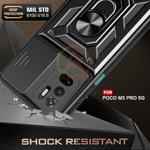 Image of Armor Bumper Back Cover Case for Poco M3 Pro 5G / Redmi Note 10T 5G Rotating Camera Cover, Ring Holder & Kickstand | Heavy Duty & 360 Degree Protection Back Cover (Black)