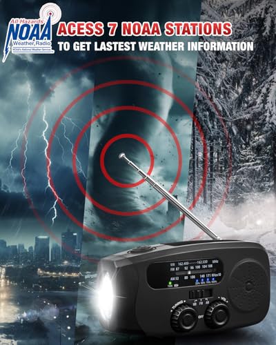 Image of Hand Crank Radio with AM /FM /NOAA Weather Bands,for Emergencies, Camping | 3 LED Flashlights,SOS Function,Solar Powered,Hand Cranked, 2000mAh /7400mWh Charger,for Power Outage - Black