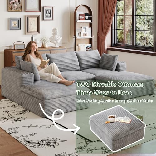 Image of 103 inch Cloud Couch Modular Sectional Sofa for Living Room, U-Shape Boneless Couch with Deep Seat, Modern Corduroy 3-Seater with Ottoman, No Assembly Required, Light Grey