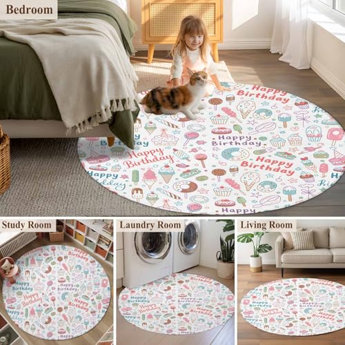 Birthday Round Rugs 3ft for Living Room Cake Ribbon Balloon Lines Modern Washable Circle Rug Non-Slip Carpet Soft Mat for Bedroom Dining Room Bathroom Home Holiday Decorations Indoor - Thumbnail 6