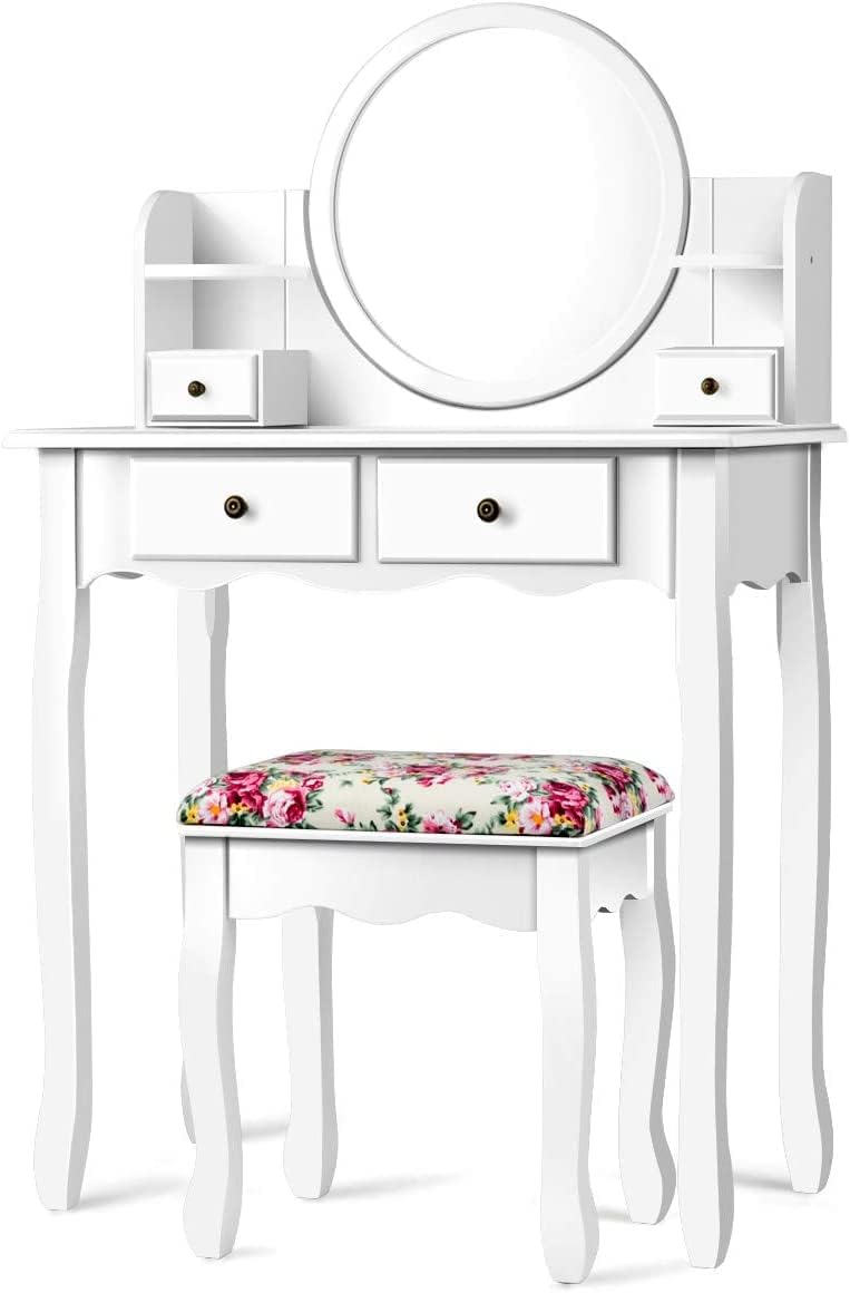 LDAILY Vanity Table Set w/ 360° Rotatable Round Mirror, Dressing Table with Stool, 4 Drawers & 4 Storage Shelves, Home Makeup Vanity Desk for Girls & Women (White)
