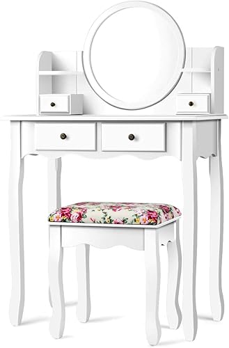 Miniatura 8 de LDAILY Juego de mesa de tocador con espejo redondo giratorio de 360, tocador con taburete, 4 cajones y 4 estantes de almacenamiento, escritorio de