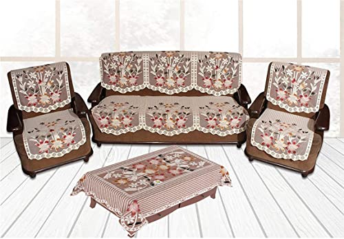 Yellow Weaves Polyester Floral 5 Seater Sofa Cover Set with 1 Center Table Cover (Off White) - 7 Pieces Yellow Weaves Polyester Floral 5 Seater Sofa C