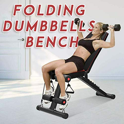 KINGMAZI Adjustable Weight Bench, Exercise Workout Bench for Full Body Workout- Multi-Purpose Foldable Bench, Folding Dumbbells Bench with Elastic Ropes, 400lbs Capacity