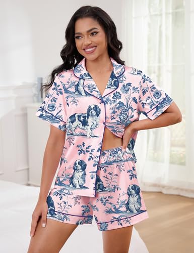 Image of SHESHOW Satin Pajamas for Women Set Preppy Animals Pjs Short Sleeve Shorts 2 Piece Loungewear Sets XS-XXL