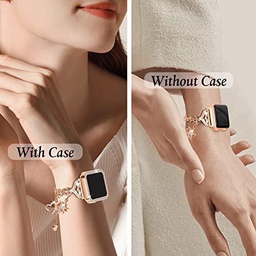 JOYOZY Band Compatible with Apple Watch 38mm 40mm 41mm 42mm 44mm 45mm 46mm, Bling Strap with Glitter Case Built-in Screen Protector, Interchangeable Charms Dressy Bracelet for Women
