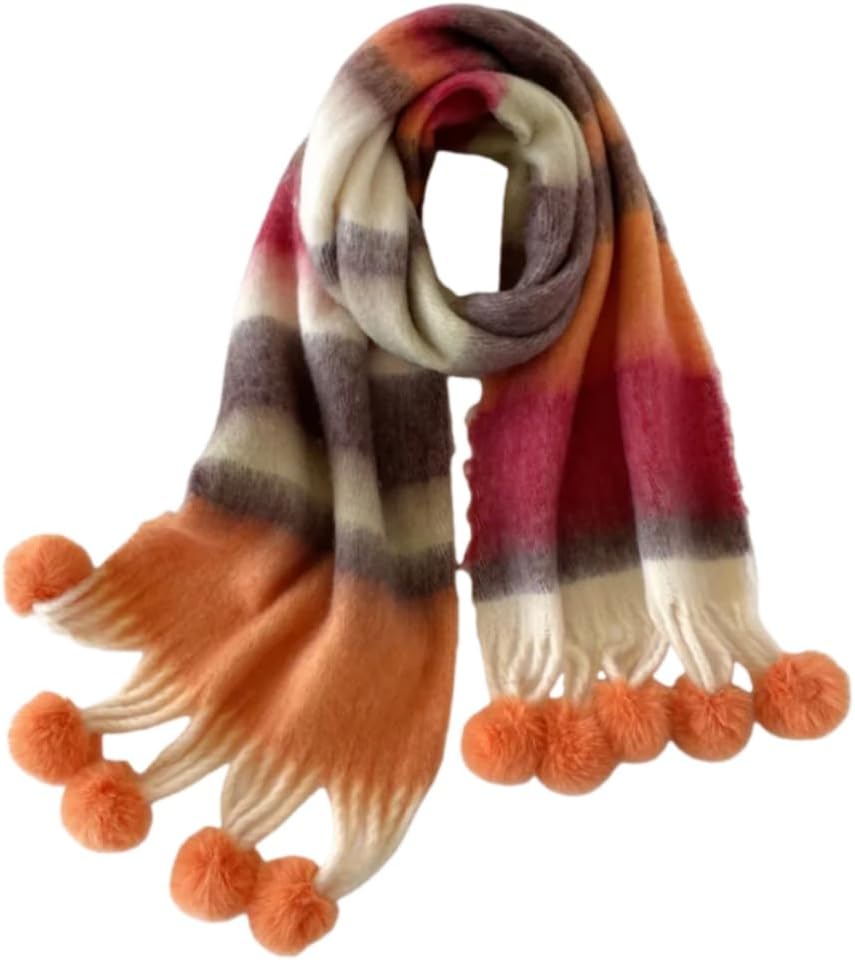 Rainbow Striped Knit Scarf with Pom Poms, Multicolor, One Size, Soft Fringe Winter Accessory for Girls and Women