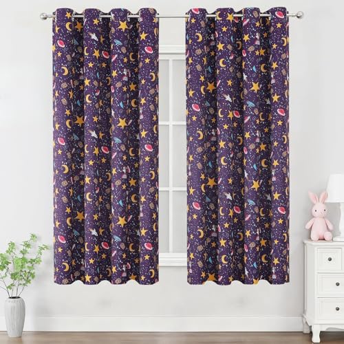 Image of Star Moon Unicorn Purple Blackout Kids Curtains 63 Inch for Girls Bedroom | Estelar Textiler Rainbow Planet Light Blocking Curtains,Grommet Thermal Insulated Drapes for Nursery,2 Panels,52Wx63L Inch