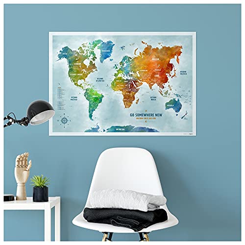 Pôster Mapa-Múndi Color (Aquarela) A1 (84x59cm) + 220 Pins Adesivos p/Marcar os Lugares Visitados