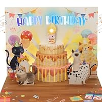 Geburtstagskarte mit Musik, 3D Lustige Katzen Geburtstagskarte mit Licht und ausblasbarer Kerze –Pop-up Happy Birthday Singende Karte Geburtstag für Kinder, Männer, Frauen, Mann, Mädchen, Jungen