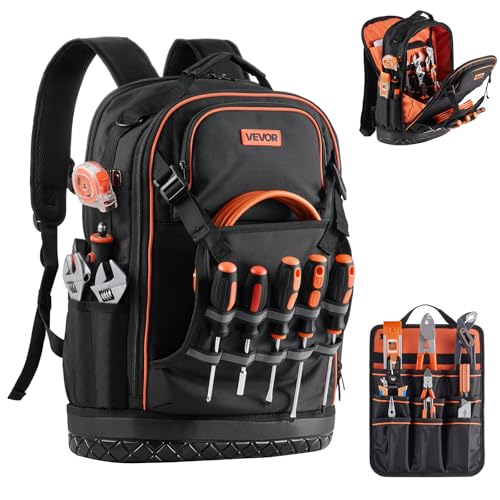 VEVOR Tool Backpack, 65 Pockets, Heavy-duty Tools Storage Organizer Work Bags with Laptop Compartment & Molded Base, Electrician Jobsite Backpack for Electrician, Repairman, and HVAC Techs
