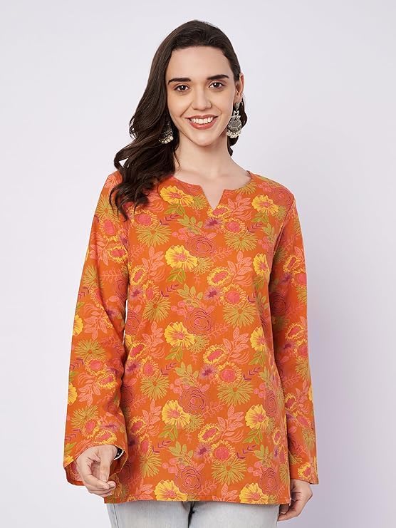 Short Cotton Kurti for Women, Short Tunic Tops on Jeans, V-Neck, Long Bell Sleeves, Floral Design - Image 3