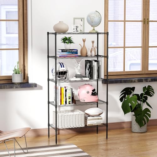 Image of BestOffice | 5-Tier Wire Storage Shelves with Wheels | 14 x 30 x 61 | Black | with Adjustable Racks | Heavy-Duty Metal Shelf, Holds Upto 1250 lbs | No-Tool Assembly | Ideal for Home & Garage Shelving