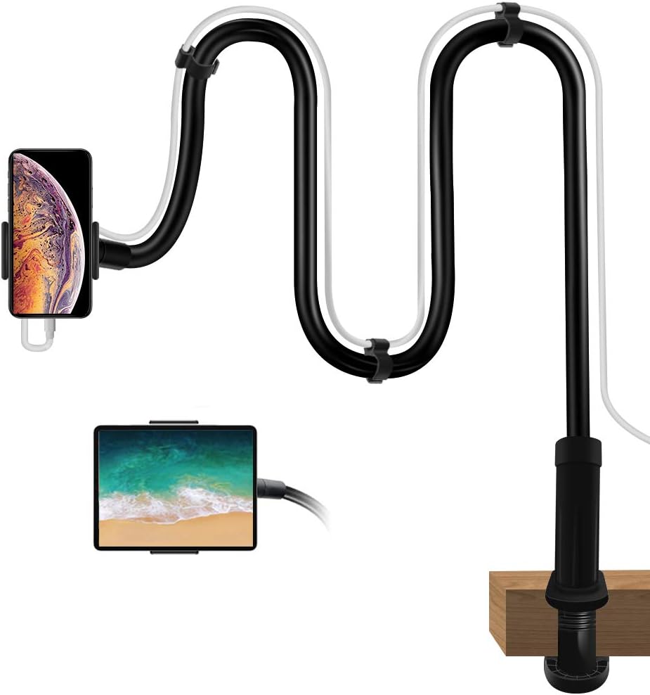 Gooseneck Phone Holder with Clamp, Gooseneck Cell Phone Stands, Flexible Overhead Table Stand, Long Arm Headboard Bedside Lazy Bracket for iPhone 11/11Pro XS, Samsung, iPad Mini/Max/Air & Smartphone