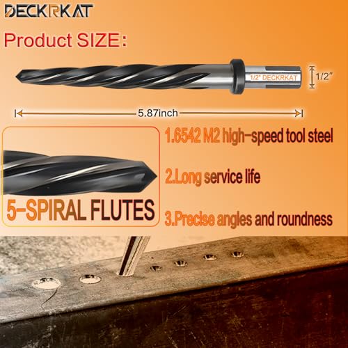1/2" Reamer Drill Bit for Metal, M2 HSS Taper Reamer for Steel, Alloy, Wood, Plastic to Align, Enlarge Holes – 5-Spiral Flutes, 1/2" Non-Slip Shank, 12mm Car Reamer, Bridge Construction Reamer by DECKRKAT - Used condition - Image 2