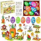 MOONTOY Regali di Pasqua Bambini, 12 Uova di Pasqua con 12 Blocchi & 4 Adesivi, DIY Riempimento per Cestini Pasquali e Regalini da Festa per Bambini 6+, Fattoria delle Carote con Coniglio e Gallina