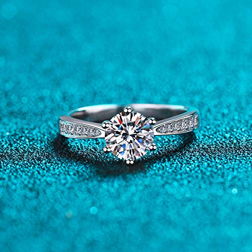 Moissanite Engagement Rings for Women, 6 Prong Moissanite Rings D Color VVS1 Clarity Round Cut Solitaire Lab Created Simulated Diamond Ring, 925 Sterling Silver with 18K White Gold Plated Ring Size 5-114