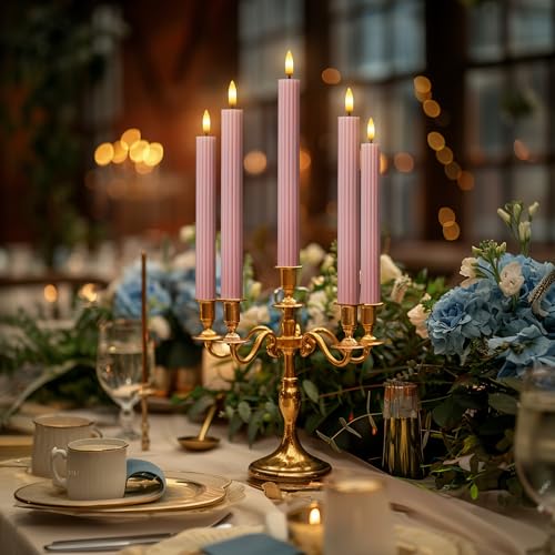 Image of 10 inch Fluted Ribbed LED Dusty Rose Grooved Real Wax Taper Candles, Remote & 24h Timer Memory, On /Off Switch - Flameless Dimmable Battery Operated w /Flicker Mode, Home Wedding Decor (6 Pack)