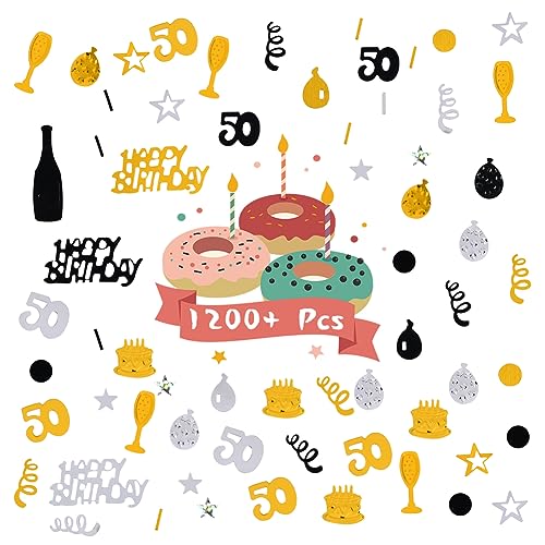 Image of OSDUE Black Gold Silve Happy Birthday Confetti, 3000 Pieces 50 Years Birthday Cake Confetti, Metallic Foil Balloon Table Scatter Confetti Decoration Supplies, for Birthday Party (50th Style)