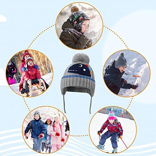 Boys Winter Hat - Kids Beanie Hat Earflap Dinosaur Kids Bobble Hat Thermal Fleece Lining Toddler Knitted Hat with Strap Pompom