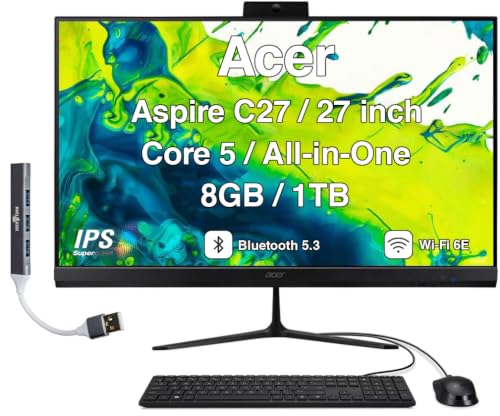 Image of Acer Aspire C27 All-in-One Desktop, 27 inch IPS FHD, Intel Core 5 120U | 8GB DDR5, 1TB PCIe SSD, USB Keyboard and Mouse, Wi-Fi 6E, Bluetooth 5.3, Webcam, Windows 11 Pro /w USB Hub