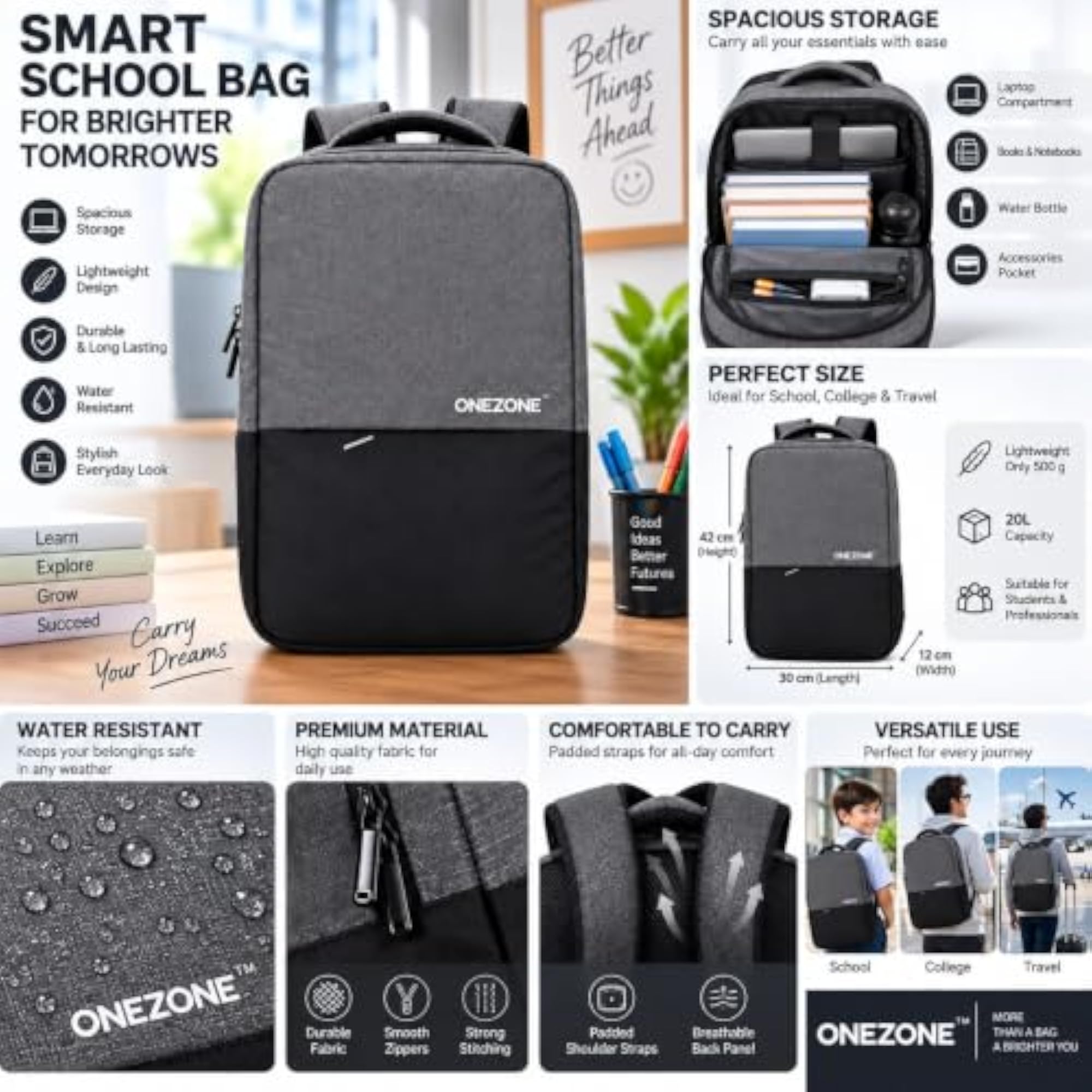 Water Resistant 15.6 Inch Laptop Backpack, Spacious Compartments