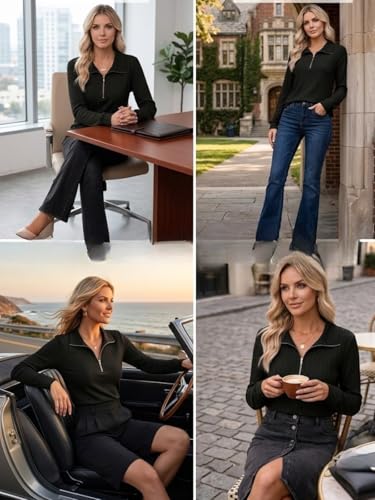 Image of Leriya Fashion Women's Casual Long Sleeve T-Shirt - Half Zip Textured Summer Tee, Lightweight Breathable Basic Top for Daily, Work & Travel,Street Style