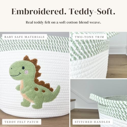 Image of Dinosaur Baby Storage Basket, Woven Cotton Rope Nursery Bin, 15x11 in | Stuffed Animal and Blanket Storage, Soft Felt Dinosaur Patch, Baby Nursery Decor, Baby Shower, Kids Playroom Organizer