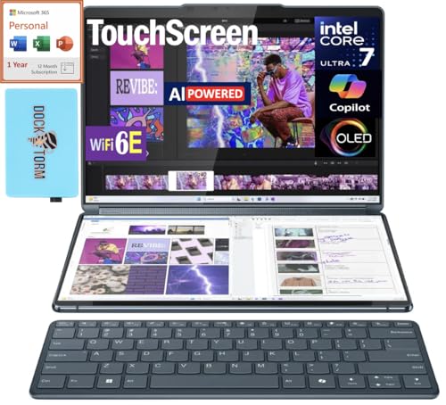 Lenovo Yoga Book 9i 2-in-1 AI Copilot PC Laptop 13.3' 2.8K Dual Screen OLED Touch Display (Intel Ultra 7 155U, 16GB LPDDR5X, 1TB M.2 SSD, Win 11 Pro) w/MS 365 Personal, DKZ USB Port Expander