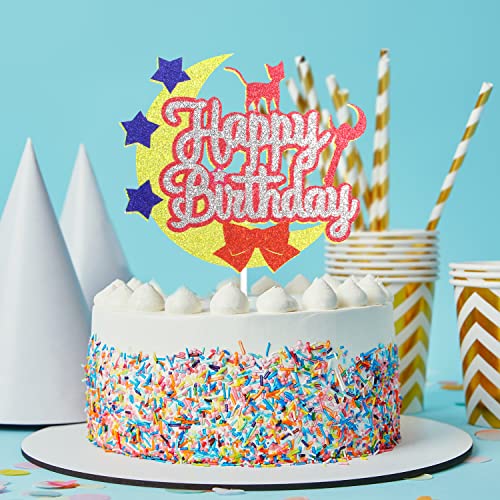 Moon Cat Happy Birthday Cake Topper - Moon Girls Sailor Birthday Party Glitter Cute Cat Cake Supplies - Pink Girl Happy Birthday Party Decoration #TOP5